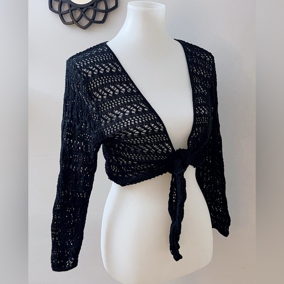 Vintage Periwinkle Black Open-Knit Crochet Style Crop Cardigan Bohochic - Picture 2 of 7